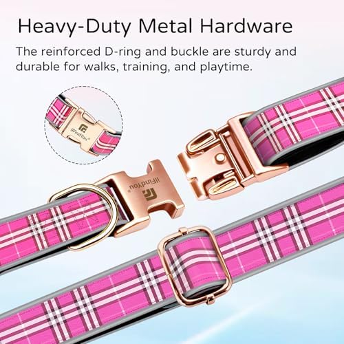 Reflective Plaid Dog Collar for Small Dogs, Rose Red-S