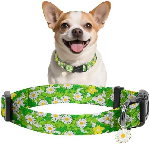 Kazazoo Dog Collar Cute and Soft Nylon Puppy Collar for Boy and Girl Dogs, Adjustable Dog Collars for Extra Small Dogs, Green Daisy-XS