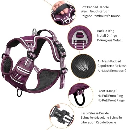 HEELE Dog Harness for Large Dogs No Pull Dog Vest Harness for Large Dog with Soft Padded Handle Reflective for Outdoor Training, Purple(Matching Trim), L