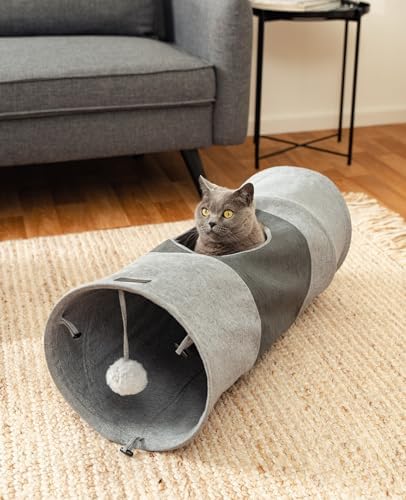 lionto cat Tunnel with Play Ball, 11,8x27,6 in, Foldable Expandable Play Tunnel Made of Easy-Care Faux Linen Material for Cats, Robust cat Toy, 11,8 in Diameter