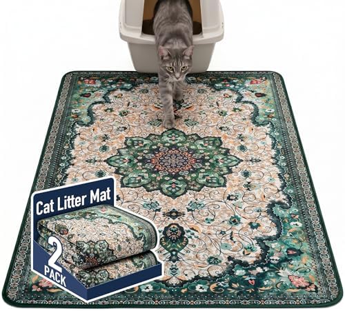 Hompet Cat Litter Mat 2 Pack, 48x60 Large Machine Washable Trapping Mats for Cats, Super Absorbent & Urine-Proof Cat Litter Box Mat for Floor, Waterproof & Non Slip Kitty Litter Rug