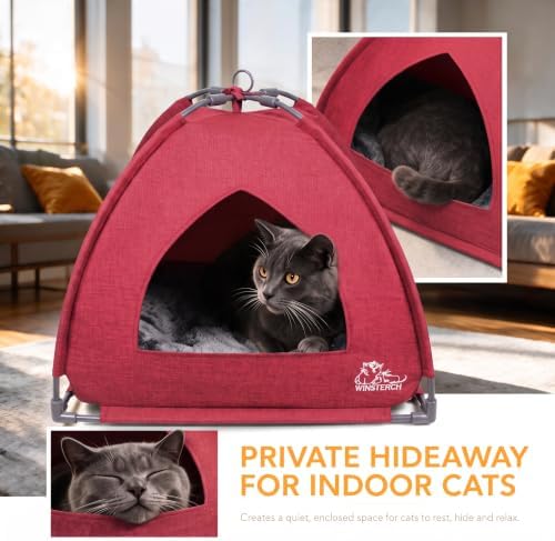 Winsterch Red Cat Tent Covered Pet House for Indoor Cats， Washable Cushion