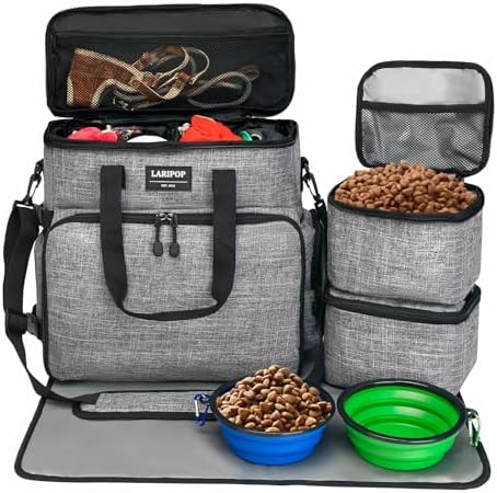 LARIPOP Dog Travel Bag Airline Friendly for Small Medium Large Dogs, Pet Travel Organizer with Collapsible Bowls Food Containers Mat, Waterproof Portable Tote for Dog Outdoor Travel