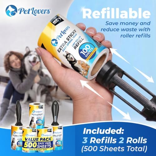 PetLovers Extra Sticky Lint Roller Mega Value Set 500 Sheets for Pet Hair Removal and Clothes, Dog and Cat Lint Remover 5 Pack