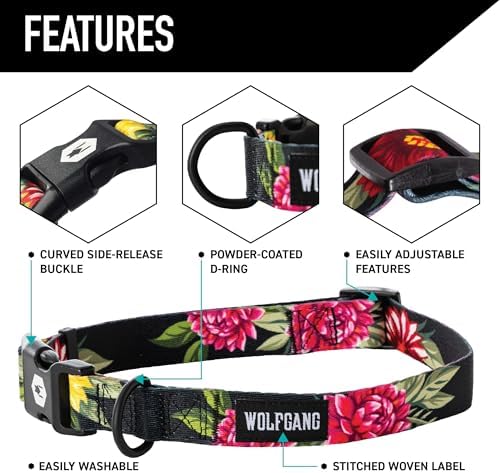 Wolfgang Heavy Duty, Adjustable Dog Collar with Quick Release Nylon Buckle for Walking & Training, DarkFloral Print, Large