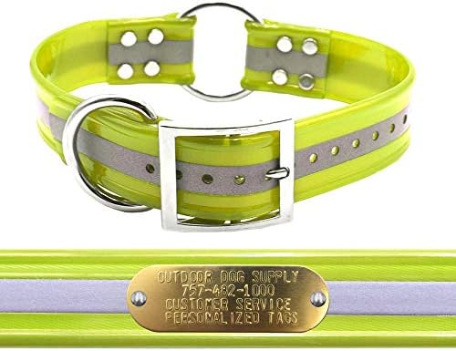Reflective D & Center Ring 1.5" Dog Collar w Custom Nametag, Yellow