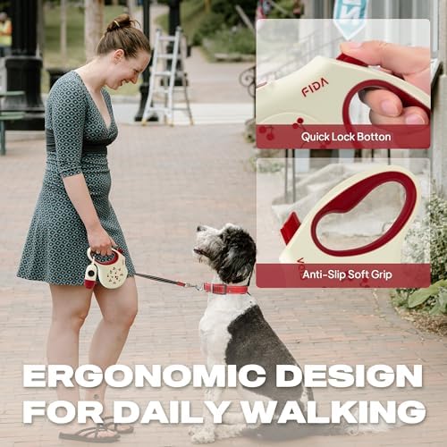 Fida Retractable Dog Leash with Dispenser and Poop Bags, 16 ft, Cherry