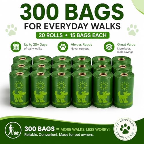 Dog Poop Bags with Dispenser, 300 Count Extra Thick Leak Proof Pet Waste Bags, 20 Rolls x 15 Bags, Unscented Easy Tear-Off Doggie Bags Refills for Dogs & Cats, 9” x 13”