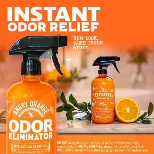 ANGRY ORANGE Pet Urine Odor Eliminator - Pack of 2 Citrus Deodorizers for Strong Dog or Cat Urine Smells on Carpet, Furniture & Floors - 24 oz Spray & 8 oz Concentrate - Puppy Supplies