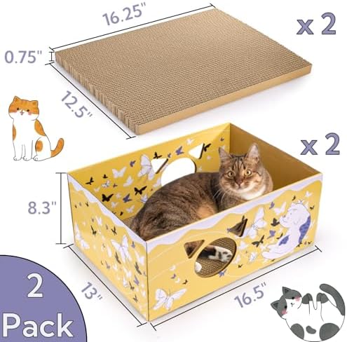 Tlence 2 Pack Cardboard Cat Scratcher Box, Butterfly Pattern Cat Hideaway House with Double-Sided Scratch Pads, 16.5 Inch Heavy Duty Large Cat Bed Lounger for Indoor Cats
