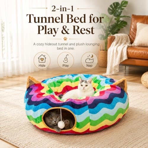 Large Cat Tunnel Bed Under Christmas Tree with Fluffy Toy Balls, Small Cushion and Flexible Design- 10 inch Diameter, 3 ft Length- Great for Cats, and Small Dogs, Rainbow Wave Color