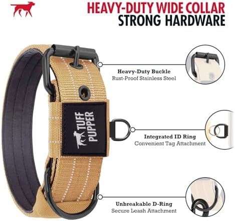 Tuff Pupper Heavy Duty Tactical Dog Collar | 1.25" Wide Ballistic Nylon | Reflective Stitching | Integrated ID Tag Holder | Stainless Steel Buckle | Padded Lining | Small & Medium Dogs (Tan, Small)