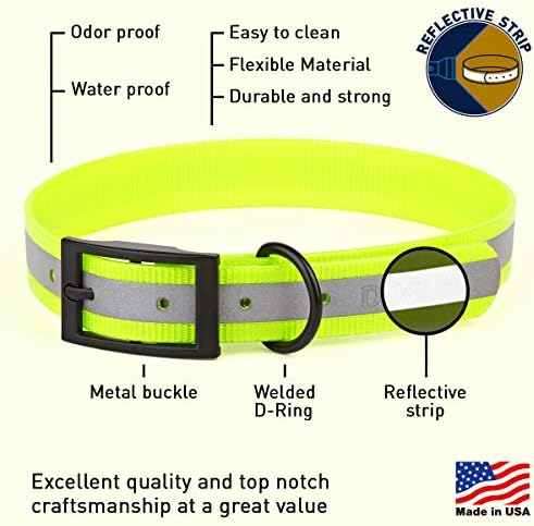 Dogline Biothane Translucent Reflective Waterproof Dog Collar Strong Coated Nylon Webbing with Black Hardware Odor- Proof for Easy Care Clean Fits Small Medium or Large Dogs - Yellow 3/4"W x 15"-18" L