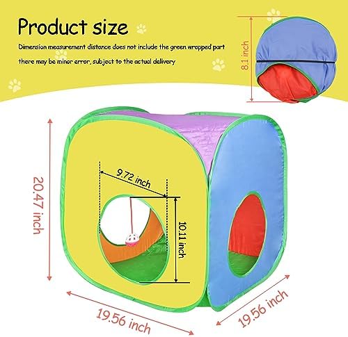 Andiker Cat Tunnel, Colorful and Foldable Polyester Square Cat Tent Matches with Most Kitten Tubes with a Bell Ball 3 Holes Cats Tubes for Indoor Cats to Play and Sleep (Square L)