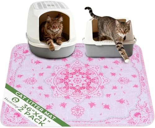 Homimp Cat Litter Mat 2 Pack, Litter Trapping Mat Contains Mess from Box, Protects Floors,Urine Waterproof,Non-Slip,Less Waste Cat Litter Box Mat,Soft on Kitty's Paws,Washable,Absorbent,Pink 36"X41"