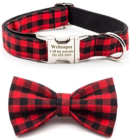 Personalized Dog Collar with Bowtie, Customized Engraving Name Phone Number Address, Adjustable Sizes for Small Medium Large Dogs, Leash Optional (Red/Black Plaid)