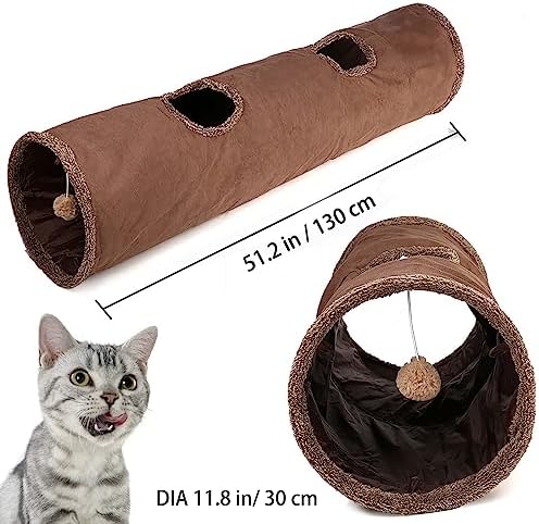 LeerKing Extra Long Cat Tunnel 51"(L) Dia 12" for Large Fat Cat Crinkle Tube connectable Indoor Outdoor Hideaway Toy for Rabbit Puppy, Brown