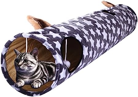 Cat Tunnel -Straight-Shaped, Gray Star Pattern, Soft Velvet Exterior, Oxford Fabric Fog-Proof Interior, Plush Toy Ball, Easily Washable, Conveniently Foldable, 47.2in/120cm
