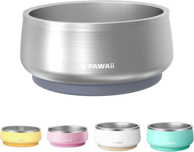 Pawaii Dog Bowl,34 oz Stainless Steel Food and Water Bowl,ID Tag,1 Pack | Double-Wall Design,Non-Slip Rubber Base,Dishwasher Safe,Smooth Open Design, Not a Slow Feeder,Easy-Rinse Interior