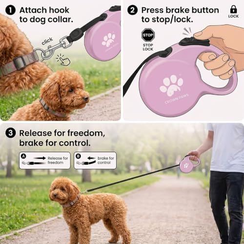 Retractable Dog Leash (Small), 10ft Heavy Duty Nylon Tape for Dogs up to 33 lbs, One-Hand Brake & Lock, Tangle-Free, Compact Lightweight Design, Pink S GC-DAN