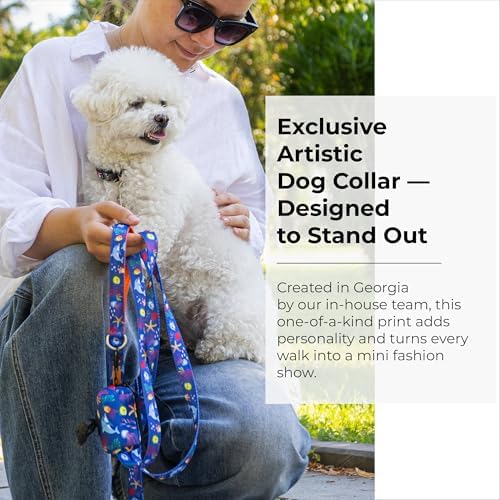 KIKI & RIKI Soft Nylon Dog Collar for Medium Dogs, Adjustable, Quick-Release Buckle, Size M (Neck 13.0-20.9"), Blue Artist-Designed Print