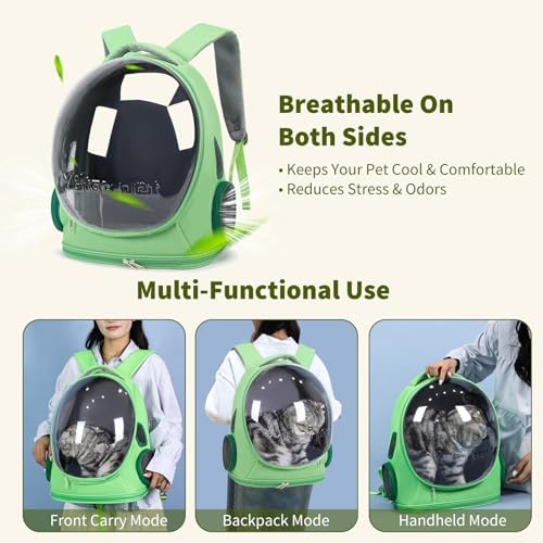 PETCUTE Cat Backpack Carrier,Transparent Space Capsule Dog Hiking Backpack with Safety Hook,Small Pet Carrier for Cats Puppies,Airline Approved Travel Bag for Travel Hiking Walking Camping,Green