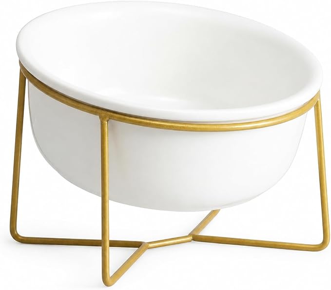 White Large Ceramic Tilted Elevated Cat Dog Bowl Raised Cat Food Water Bowl Dish Pet Comfort Feeding Bowls with Gold Iron Stand