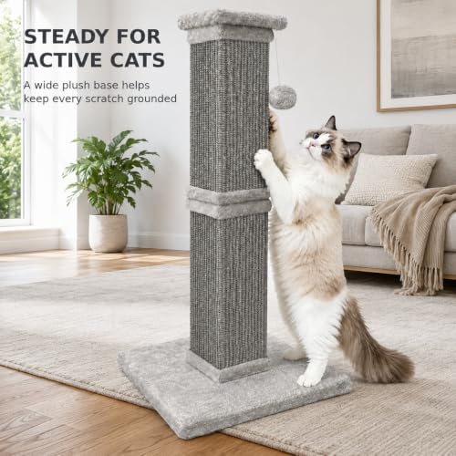 Vertical Cat Scratching Post for Indoor Cats, Sisal Scratch Tower with Soft Plush Base & Dangling Pom Ball, 32'' Tall Cat Scratcher Column, Furniture Protection, Full Grey