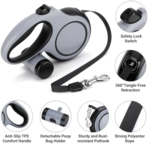 Segarty 16 Ft Retractable Leash with Waste Bag Dispenser, 5m Dog Leash with Anti-Slip Handle 360°Tangle-Free Retraction for Pet up to 66 Lbs, Durable Walking Accessory with One-Handed Brake Pause Lock