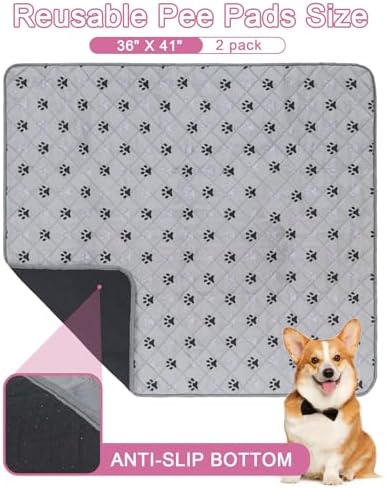 JERIA 2 Pack 36"x 41" Waterproof Non Slip Wee pad，Reusable Washable Pee Pads for Dogs，Absorbent and Leakproof Training Mats for Potty, Bed, Sofa, Potty Training