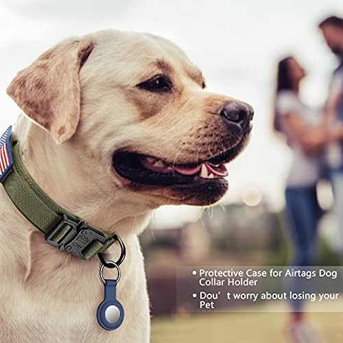 DAGANXI Tactical Dog Collar, Adjustable Military Training Nylon Dog Collar with Control Handle and Heavy Metal Buckle for Medium and Large Dogs, with Patches and Airtags Case (XL, Green-Set)