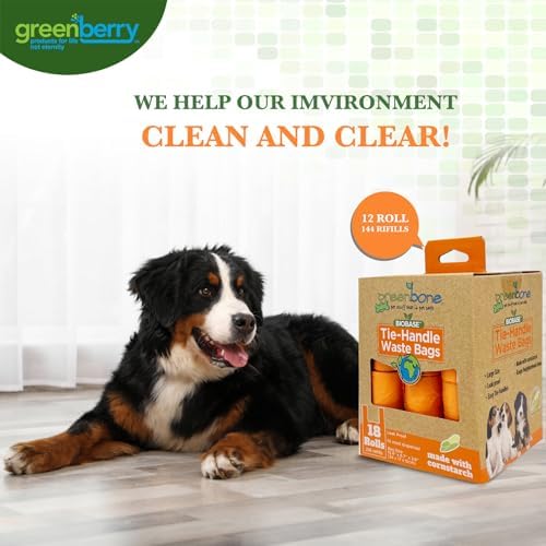 Greenbone BioBase Cat or Dog Poop Bags with Handles Tie, 18 Dispenser Rolls - 216 Bags- Large Leak Proof- Pink, Green, Orange, Blue Variety