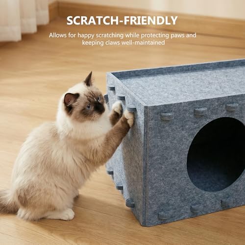Cat House for Indoor Cats, Scratch Resistance Cat Cave Bed, Felt Peekaboo Cat Hideaway for Large & Multiple Cats Up to 22Lbs, Gray