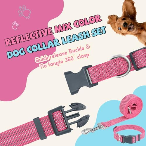 Reflective Dog Collar and Leash Set, Nylon Dog Leash with Heavy-Duty Steel D-Ring, Adjustable with Quick Release Buckle for Small Dogs, Pink S