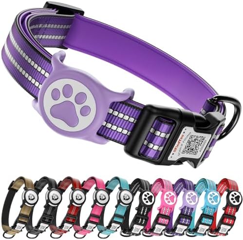 Waterproof AirTag Dog Collar with QR Code Dog Tag, Purple S