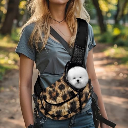 Leopard Pattern Small Dog Sling Breathable Mesh Cat Carrier Adjustable Strap Hands Free Pet Puppy Travel Bag for Travel Walk Portable Shoulder Carrier Bag