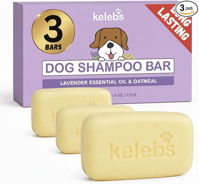Kelebs Dog Shampoo | Allergies and itching | Dog Shampoo for Sensitive Skin | All Natural Dog Soap Bar with Lavender Oil & Oatmeal | Puppy Shampoo | No Plastic Vegan | 3PCS