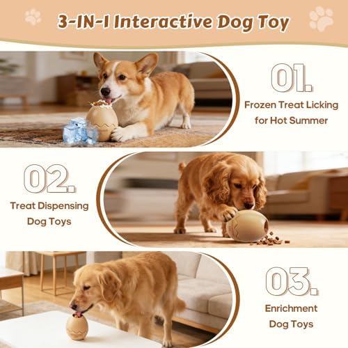 Dog Fillable Toy 3 in 1 Interactive Dog Toys Freeze Lick Summer Cooling Toy Enrichment Treat Dispensing Chew Toy Stuffable Puzzle Slow Feeder for Medium Small Dogs Easy to Clean (Egg-Beige)