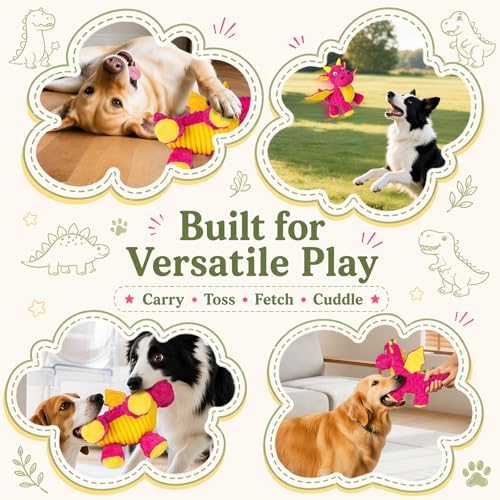 Squeaky Dog Toy - Plush Dragon with 5 Squeakers and Crinkle Wings