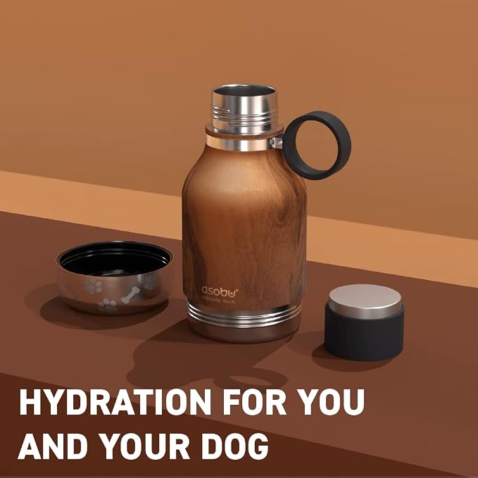 Asobu Buddy Bottle a Stainless Steel Insulated Water Bottle for with Removable Dog Water Bowl and Dog Food and Treat Storage Bowl (Wood, 37 oz Water Bottle with Bowl)