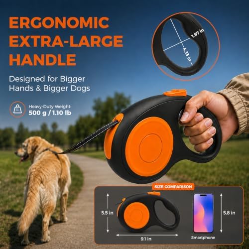 Sevy Stretch 26FT Retractable Dog Leash for Large Dogs up to 100lbs, Heavy Duty Long Dog Retractable Leash with 360° Tangle-Free, Reflective Nylon Tape, One-Hand Brake, Pause, Lock, Oversized Handle