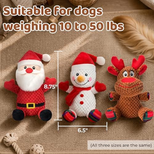 Dog Toys Set - 3 Pack Durable Squeaky Dog Toys for Small & Medium Dogs, Soft Plush Santa, Reindeer & Snowman Gift for Dogs