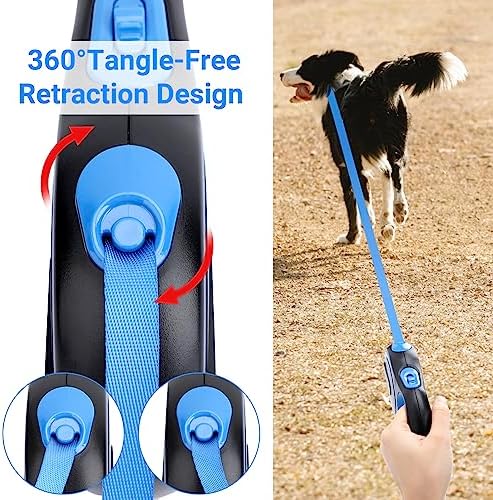 Segarty Dog Leash Retractable, 16ft Heavy Duty Walking Dog Leash for Medium Small Dogs up to 44lb, Anti-Slip Handle 360°Tangle-Free Nylon Tape, One-Handed One Button Lock and Release (Blue)
