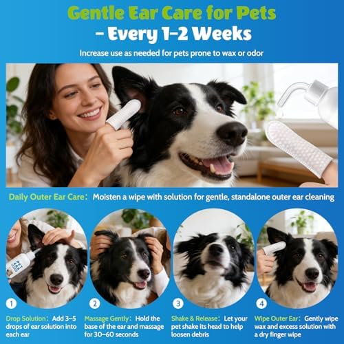 Dog Ear Cleaner with 50 Dry Finger Wipes – Plant-Based Gentle Ear Solution for Dogs & Cats, Helps Remove Wax & Odor, Comfortable Cleaning for Sensitive Ears, 4.06 fl oz