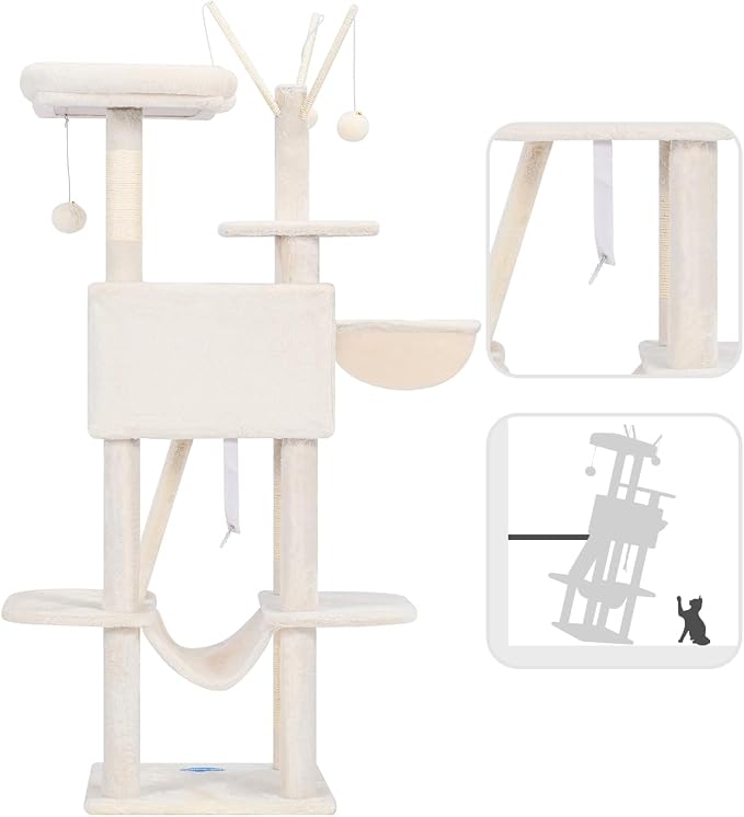 Hey-brother Cat Tree Tower with Padded Platform Bed, Hammock, MPJ019-SM | 53 Inches Cat House with Large Cozy Condo, Toy Balls and Sisal Scratching Posts for Indoor Multi-Cats, Beige