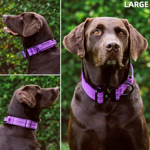 Tuff Pupper Tactical Dog Collar | Heavy Duty 1.5" Wide Ballistic Nylon | Training Control Handle | Quick-Release Metal Buckle | Reflective Bands | ID Tag Holder | Padded Inner Lining (Purple, Large)