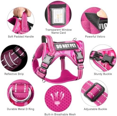 Tactical Service Dog Vest and Leash Set with 10 Patches Camo Pink S