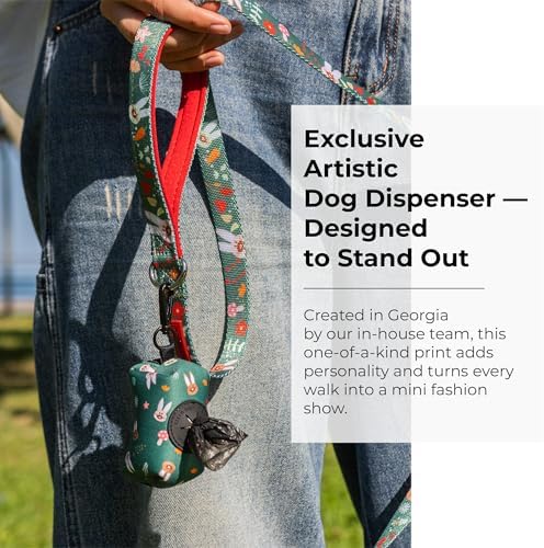 KIKI & RIKI Premium Dog Poop Bag Holder, Waste Bag Dispenser with Leash Clip, Artist-Designed Print (Designed in Georgia), Includes 1 Starter Roll of Bags, Fits Standard Rolls, Green (Berry Forest)