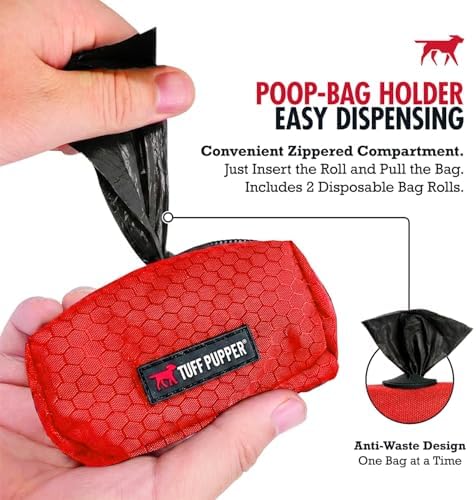 Tuff Pupper Dog Poop Bag Holder | Works with Any Dog Leash | Zippered Waste Bag Dispenser | Waterproof with Rust-Proof Clip | Convenient Lightweight Design | Includes 2 Rolls of Leak-Proof Bags