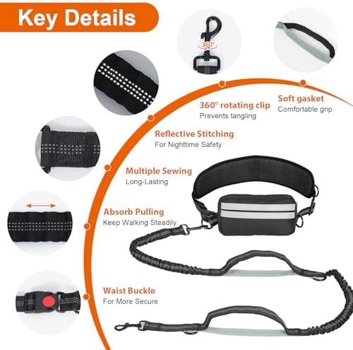 Hand Free Dog Leash with Pouch, Dog Walking Belt Retractable Leash for 2 Dogs with Dual Handles for Running Walking Jogging Pet Belt